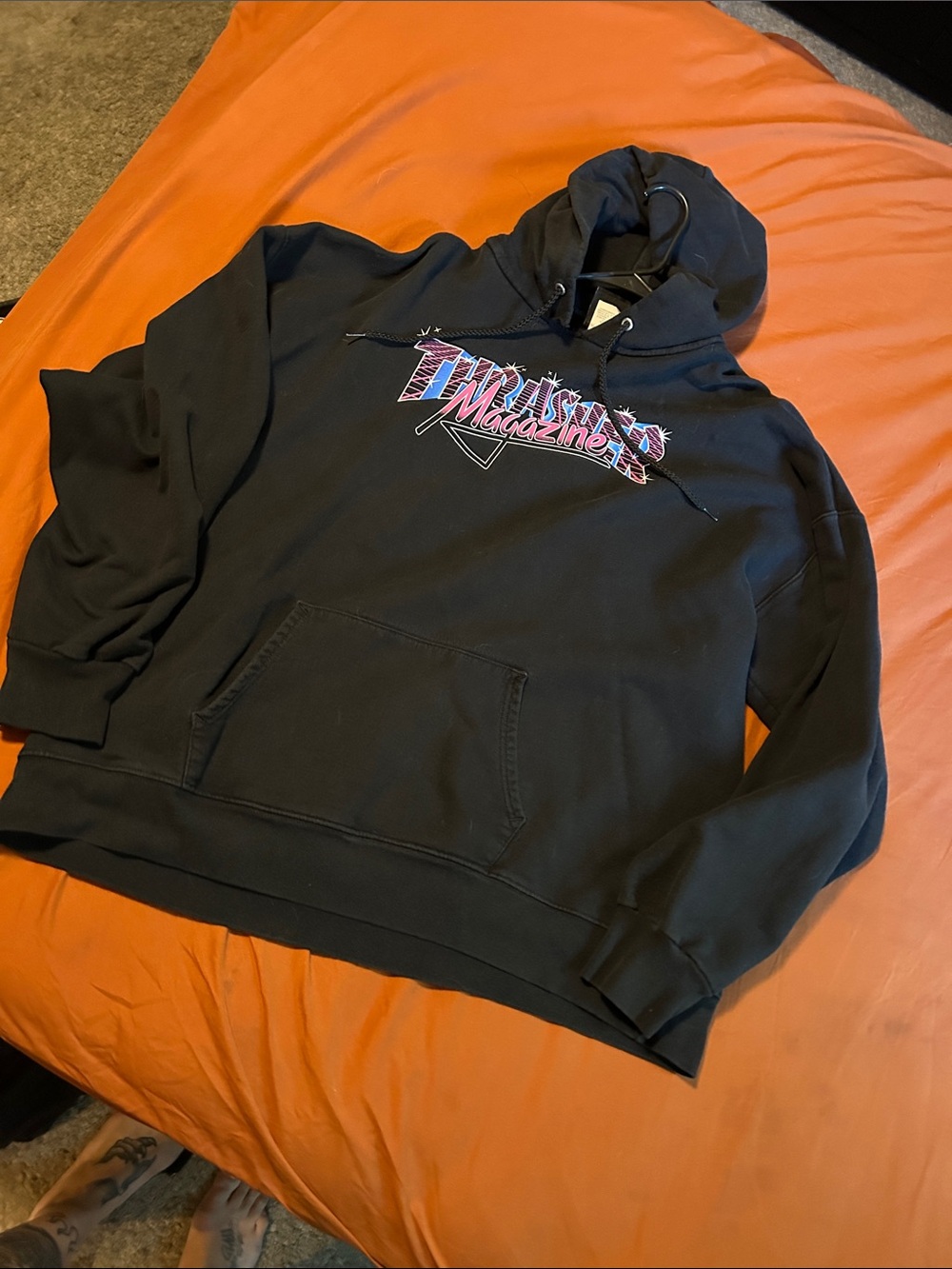 Thrasher Black Crewneck Hoodie with Pink & White Graphic